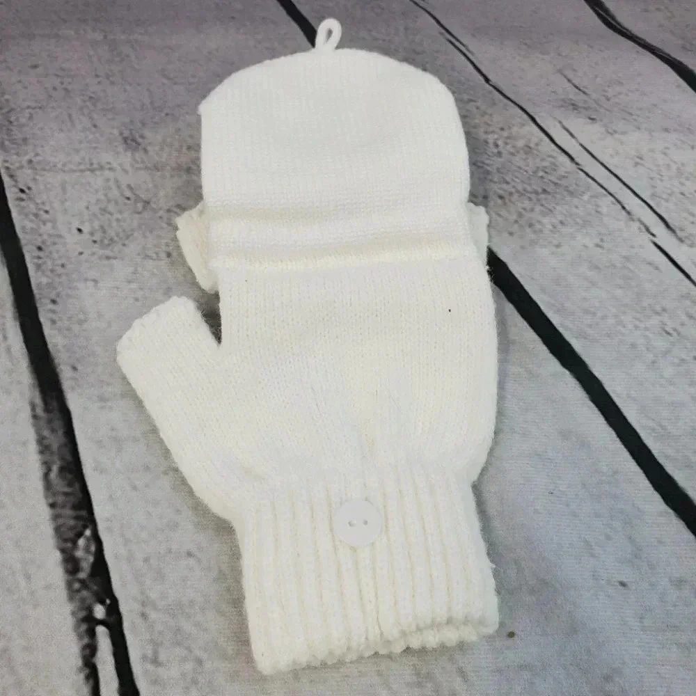 Girls White/Cream Sparkly Snowflake Knit Hat Beanie with Fingerless Glove set